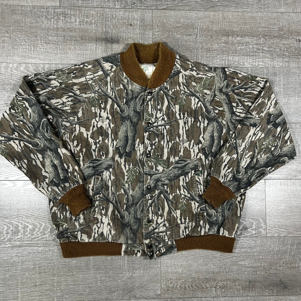 Vintage Mossy Oak Treestand Camo Bomber Jacket Mens XL USA Made 100% Cotton